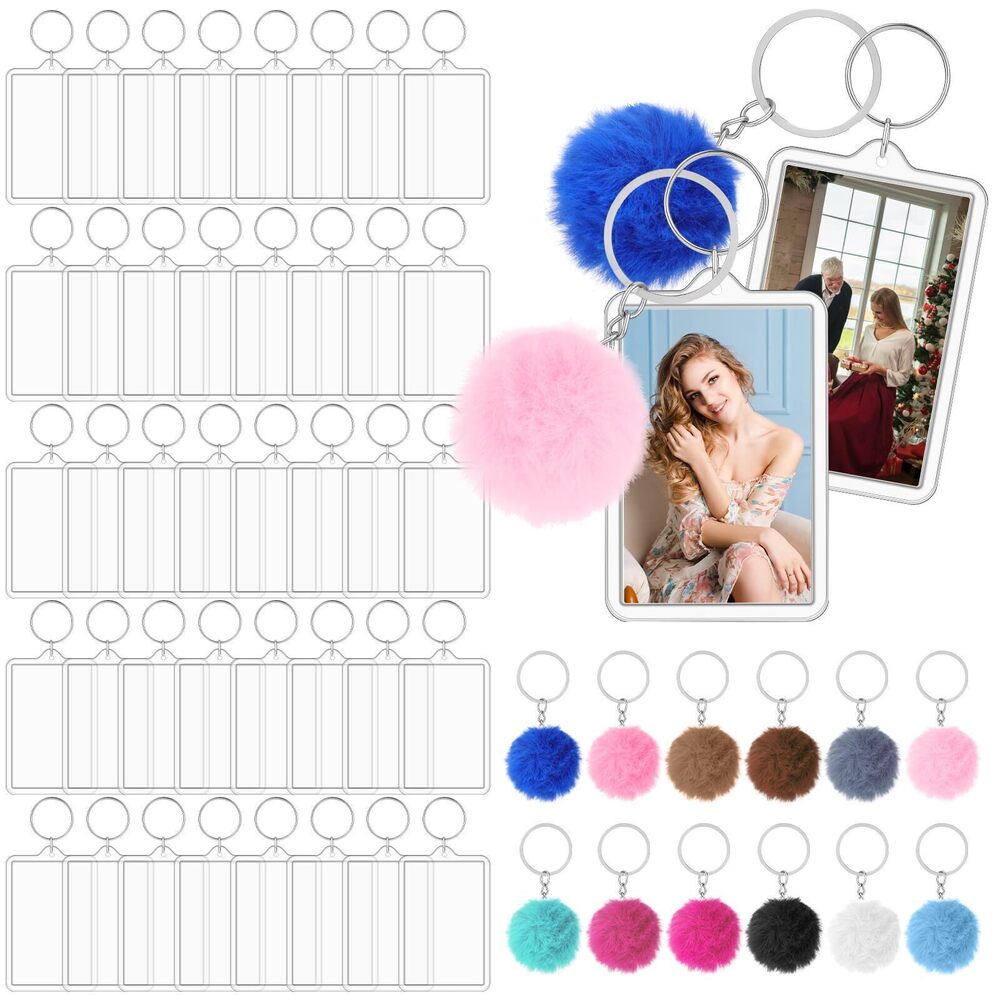 2615 24 Pcs Acrylic Picture Keychain with Colorful Fluffy Pom Insert